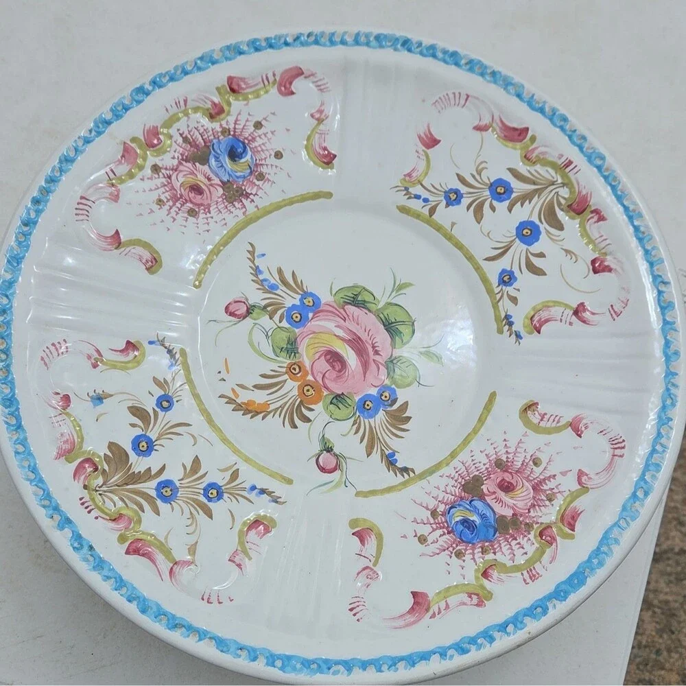 Vintage Italy Majolica Cake Stand Pedestal Hand Painted Floral Tazza E. 9909 Cer